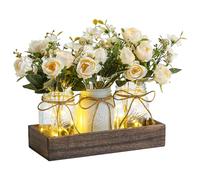 DUOER 3 Pcs Mason Jar Centerpiece Table Decorations for Dining Table Decor Farmhouse Coffee Table Decor with Wood Tray and Led Light Table Centerpieces for Dining room Kitchen Living Bathroom,White