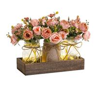 DUOER 3 Pcs Mason Jar Centerpiece Table Decorations for Dining Table Decor Farmhouse Coffee Table Decor with Wood Tray and Led Light Table Centerpieces for Dining Room Kitchen Living Bathroom,Pink
