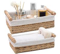 DUOER Round Paper Rope Storage Basket, Wicker Baskets for Organizing with Handle, Decorative Bins for Countertop, Toilet Paper Basket for Toilet Tank Top, Small Baskets Set (Set of 2,Beige)