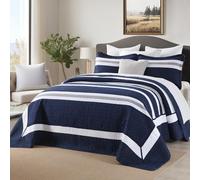 DUOHONG 120"x102" Oversized Bedspread - 100% Cotton, Striped Pattern Oversized Queen Extra Wide Extra Large Quilt, XL Bed Spread Lightweight Comforter, 3pcs, Navy/Gray/White