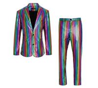 Duohropke 2 Piece Men's Metallic Disco Sets Shiny Jacket and Trousers Rainbow Suit Sequin Suits Carnival Costume Wedding Leisure Suit Glitter Suit Night Club Casino Outfit, multicoloured, XXXXL