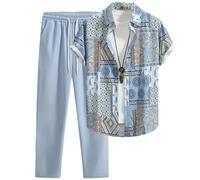Duohropke 2-Piece Men's Outfit Paisley Pattern Leisure Suit Fabric Jogging Suit Button Down Shirts and Trousers with Drawstring Set Beach Clothing Tracksuit Thin Leisure Suit Summer Suit, sky blue, XL