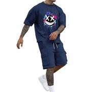 Duohropke 2-Piece Men's Tracksuit Summer Outfit Horrible Sports Suit Trend Colourful Graffiti T-Shirt and Cargo Shorts Set Casual Y2K Two Piece Set Hip Hop Streetwear Everyday Jogging Suit, navy, L