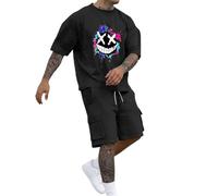 Duohropke 2-Piece Men's Tracksuit Summer Outfit Horrible Sports Suit Trend Colourful Graffiti T-Shirt and Cargo Shorts Set Casual Y2K Two Piece Set Hip Hop Streetwear Everyday Jogging Suit, black