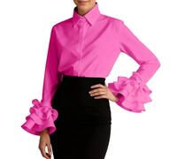 Duohropke Blouse Women's Long Sleeve Turn-Down Collar Tops Long Sleeve Shirt Ruffle Lotus Leaf Sleeve Blouse Button Top Casual Neck Shirts Autumn Winter Loose Shirt Shirts Casual Shirt, Hot pink, L