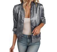 Duohropke Bomber Jacket Women's Short Blouson Jacket Sequins Long Sleeve Coat Glitter Shiny Aviator Jacket Biker Jacket Baseball Collar Jackets Autumn Zip Up Transition Jacket Leisure Jacket Outwear