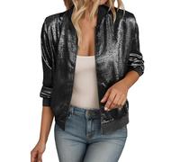 Duohropke Bomber Jacket Women's Short Blouson Jacket Sequins Long Sleeve Coat Glitter Shiny Aviator Jacket Biker Jacket Baseball Collar Jackets Autumn Zip Up Transition Jacket Leisure Jacket Outwear