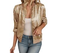 Duohropke Bomber Jacket Women's Short Blouson Jacket Sequins Long Sleeve Coat Glitter Shiny Aviator Jacket Biker Jacket Baseball Collar Jackets Autumn Zip Up Transition Jacket Leisure Jacket Outwear