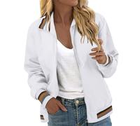 Duohropke Bomber Jacket Women's Short Pilot Jacket with Zip College Jacket Oversized Leisure Jacket Spring Leisure Motorcycle Jacket Lightweight Biker Jacket Plain Women's Jacket, B White, M