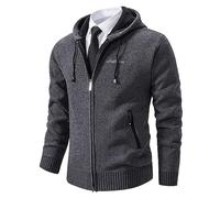 Duohropke Cardigan Men's Long Sweat Jacket with Zip Winter Warm Fleece Knitted Coat Lined Pullover Sweat Jacket Hiking Jacket Softshell Jacket Autumn Leisure Jacket Casual Hooded Jacket, darkgray,