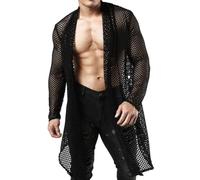 Duohropke Cardigan Men's Muscle Transparent Cardigan Fishnet Transparent T-Shirt Mesh Shirt Long Sleeve Top Partially Transarent Dressing Gown Underwear Lingerie Clubwear Stripper Kinky Outfit, black