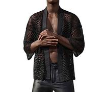 Duohropke Cardigan Men's Muscle Transparent Cardigan Fishnet Transparent T-Shirt Mesh Shirt Long Sleeve Top Partially Transarent Dressing Gown Underwear Lingerie Clubwear Stripper Kinky Outfit, 02