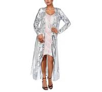 Duohropke Cardigan Women's Sequin Cardigan Long Coat Spring Autumn Knitted Jumper Glitter Maxi Open Jacket Embroidery Transparent Summer Jacket Dress for Evening Party Carnival, silver, XL