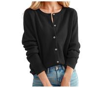 Duohropke Cashmere Cardigan Women's Short Cardigan with Crew Neck Plain Soft Warm Vintage Wool Pullover Long Sleeve Elegant Knitted Jumper for Autumn Winter Women's Knitted Jacket, black, M