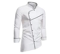 Duohropke Chef's Jacket Men's Slim Fit Stretch Shirt with Press Studs Long Sleeve Baker's Jacket Chef Coat Kitchen Work Jacket Casual Asymmetric Hem Shirt Work Wear Chef Uniform Shirt Jacket, White, M