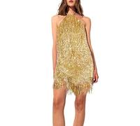 Duohropke Cocktail Dress Women's Elegant Off Shoulder Sleeveless Sequin Dress Knee-Length Glitter Sequins Party Dress Mini Dresses Slim Fit Wrap Dress Evening Dress Pencil Dress, gold, S