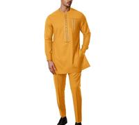 Duohropke Dashiki for Men African Outfits 2-Piece Long Sleeve Kurta Set Embroidery Top Shirt and Trousers Nigerian Men's Suit Wedding Wear Tracksuit Kaftan Thobe Clothing, orange, L