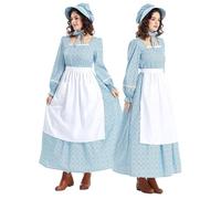 Duohropke Dress Women Prairie Dresses War Dress Medieval Corset 19th Century Dresses Medieval Renaissance Dress Pioneer Prairie Flower Dress Costume with Apron and Hood, blue, XXL