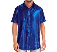 Duohropke Glitter Shirt Men's Lapel Collar Rainbow Patchwork Party Tops Button Placket Sequins Shirt Short Sleeve Disco Shirt Funny T-Shirts Traditional Shirt, blue, M