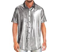 Duohropke Glitter Shirt Men's Lapel Collar Rainbow Patchwork Party Tops Button Placket Sequins Shirt Short Sleeve Disco Shirt Funny T-Shirts Traditional Shirt, silver, 3XL