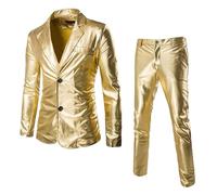 Duohropke Glitter Suit Men's Tuxedo 2-Piece Set Sequins Jacket and Trousers Elegant Wedding Suit Disco Party Carnival Costume Shiny Leisure Suit 70s 80s Outfit Dance Costumes, gold, XL