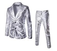 Duohropke Glitter Suit Men's Tuxedo 2-Piece Set Sequins Jacket and Trousers Elegant Wedding Suit Disco Party Carnival Costume Shiny Leisure Suit 70s 80s Outfit Dance Costumes, silver, XL