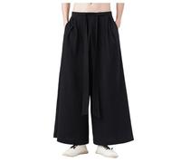 Duohropke Hakama Kung Fu Men's Ice Silk Wide Hem Wushu Kimono Chinese Wide Pants, black, XL