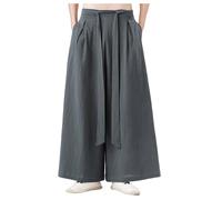 Duohropke Hakama Kung Fu Men's Ice Silk Wide Hem Wushu Kimono Chinese Wide Pants, gray, M