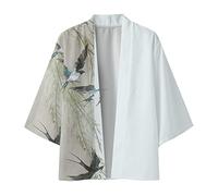 Duohropke Japanese Kimono Jacket Robe Men's Spring and Summer Cool Half Long Sleeve Cardigan Printed Collarless Antique Shirt, B-green, M