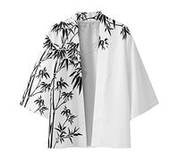 Duohropke Japanese Kimono Jacket Robe Men's Spring and Summer Cool Half Long Sleeve Cardigan Printed Collarless Antique Shirt, A-White, M