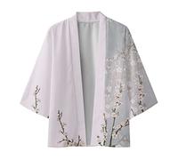 Duohropke Japanese Kimono Jacket Robe Men's Spring and Summer Cool Half Long Sleeve Cardigan Printed Collarless Antique Shirt, B-purple., M
