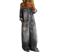 Duohropke Jeans Jumpsuit Women's Denim Jumpsuit with Off Shoulder Cut and Button Placket Stylish Figure-Flattering One-Piece Short Playsuit Jeans Romper with Pockets Casual Streetwear, gray, S