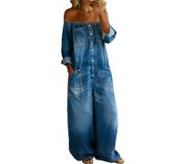 Duohropke Jeans Jumpsuit Women's Denim Jumpsuit with Off Shoulder Cut and Button Placket Stylish Figure-Flattering One-Piece Short Playsuit Jeans Romper with Pockets Casual Streetwear, Blue 1, S