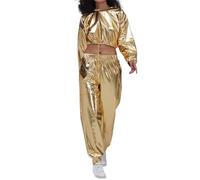 Duohropke Jogging Suit Women's Metallic Shiny Sports Suit Plain Hoodie with Drawstring Cargo Trousers Tracksuit Glitter Disco Hip Hop Fashion Smooth Elastic Suit, gold, M