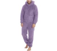 Duohropke Jumpsuit Men's Flannel Onesie Unisex Pyjamas Cuddly with Hood Plush Pyjamas Zip Sleepwear Romper Warm Fleece Black Winter Pyjama Set Onesie, purple, XL