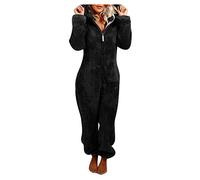 Duohropke Jumpsuit Women's Elegant One-Piece Onesie Long Sleeve Plain Pyjamas Sleepsuit with Hood and Zip Leisure Suit Teddy Fleece Pyjamas, black, M