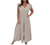 Duohropke Jumpsuit Women's Elegant V-Neck Backless Trouser Suit Short Sleeve with Ruffles Playsuit Romper Casual Wide Leg Long Jumpsuit Summer Jumpsuit, beige, XL