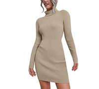 Duohropke Knitted Dress Women's Jumper Dress Autumn Mini Winter Dress Elegant Turtleneck Sweat Dress Tunic Jumper Dress Ribbed Bodycon Dress Stretch Knitted Jumper Mini Dress Long Jumper, khaki, M