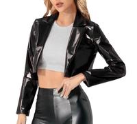 Duohropke Leather Jacket Women's Wetlook Faux Leather Jacket Shiny Patent Leather Lapel Coat Sexy Crop Top Bolero Long Sleeve Blazer Steampunk Cropped Punk Night Club Outfit Gothic Costume Clubwear