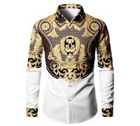 Duohropke Long Sleeve Men's Rhinestone Cowboy Cut Western Shirt Casual Shirt Regular Fit Long Sleeve Shirt with Button Placket Spring Autumn Trend Shirt Digital 3D Print Top, gold, M