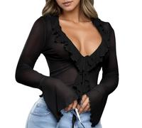 Duohropke Long Sleeve Women's Crop Top Transparent Crop Top Heart Neck Tops with Ruffle Lace T-Shirt Wrap Top Oversize Cardigan Flared Sleeve Blouse, black, S