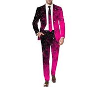 Duohropke Men's 2-Piece Set Glitter Jacket and Suit Pants Sequin Print Suits Two-Piece Party Carnival Costume Disco Ball Wedding Theme Party Disco Suit 80s Outfit, 01 Hot Pink, XL