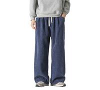 Duohropke Men's Corduroy Trousers with Wide Leg Casual Trousers Cord Trousers Men with Pocket Drawstring Elastic Waist Corduroy Trousers Straight Baggy Trousers Warm Winter Fleece Trousers, navy, L