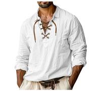 Duohropke Men's Linen Shirt Short Sleeve Lace-up Shirt Vintage Henley Pirate Shirt Men Summer Beach Shirt Middle-age Shirt Ghillie Kilt Shirt, White, XL