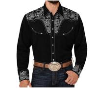 Duohropke Men's Long Sleeve Spring Autumn Western Style Shirts Embroidery Western Shirt Slim Fit Casual Shirt Cowboy Print Shirts Fashion Traditional Shirt, Light Gray, XL