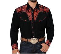 Duohropke Men's Long Sleeve Spring Autumn Western Style Shirts Embroidery Western Shirt Slim Fit Casual Shirt Cowboy Print Shirts Fashion Traditional Shirt, Brick Red, 3XL