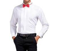 Duohropke Men's Long Sleeve Tuxedo Shirt, Formal Shirts, Non-Iron, Regular Fit, Plain Colours, Stretch, Casual Shirts, Business Shirt, Suit Shirt, Wing Shirt with Wing Shirt Buttons and Bow Tie, White