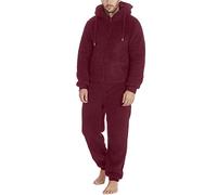 Duohropke Men's One-Piece Pyjamas, Sleepsuit, Men's Couple Zip Warm Plush Jumpsuit, Men's Jumpsuit Teddy Fleece Onesie, Men's One-Piece Pyjamas, Warm Plush Jumpsuit, Long Pyjamas, Wine Red, XXL