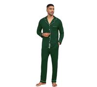 Duohropke Men's Pyjamas 2-Piece Long Pyjama Set Soft Sleepwear Long Sleeve Bamboo Sleepwear with V-Neck, Green, XL