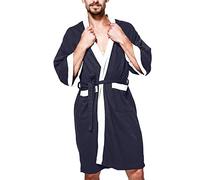 Duohropke Men's Short Lightweight Dressing Gown Terry Towelling Bathrobe Men's Fluffy with Belt Warm House Coat Winter Fleece Dressing Gown Gifts for Men Sleepwear, navy, S